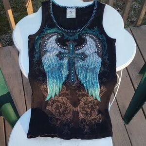 Vocal Black Tank Top with Turquoise Ombre Angel Wings & Cross. Size M.